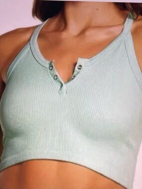 Free People Mint Ribbed Snap-Front Crop Tank